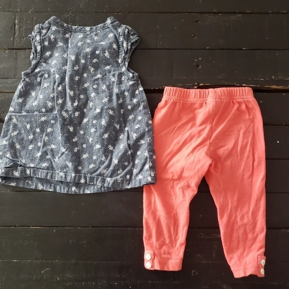 Carter's Baby Girl 9 Months 2 Pieces Outfit Bleu Denim Flower Shirt Coral Leggin